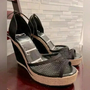ELLE Black Velvet & Mesh Espadrille Wedge Shoes Women's Size 5 MED